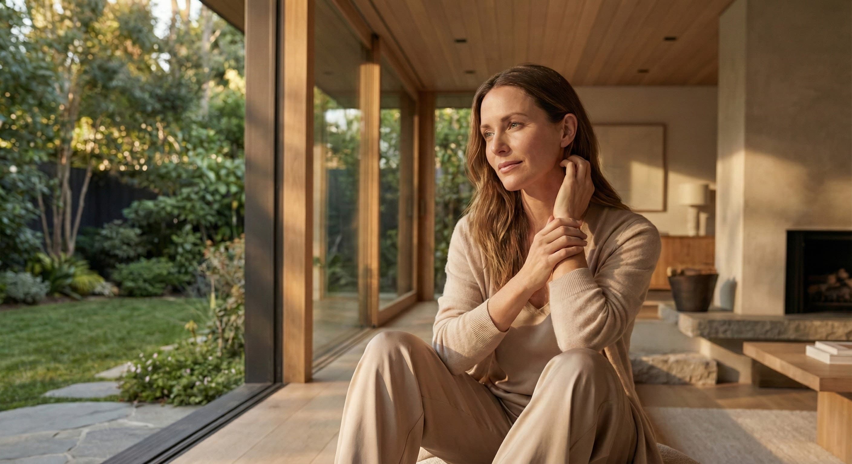 Woman near a sunlit garden wearing a neutral outfit